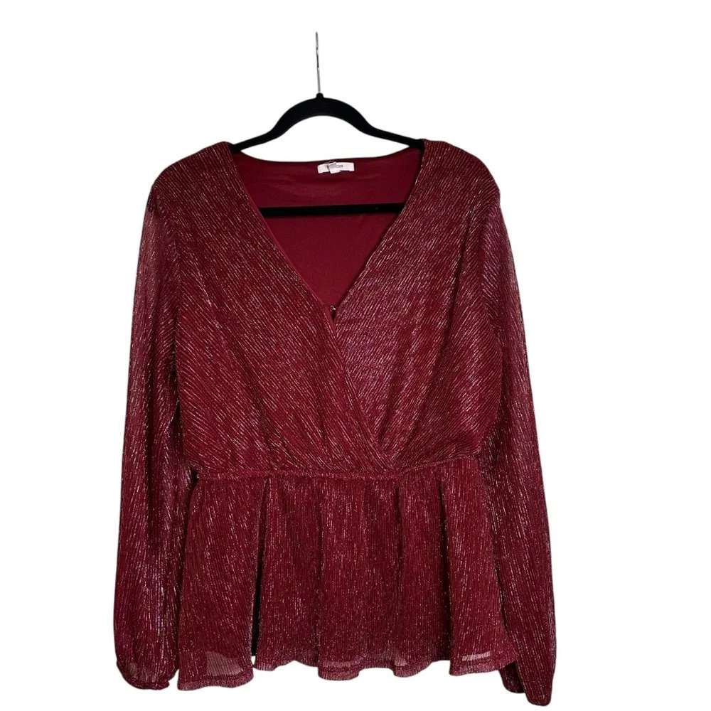 Maurices L Maroon Metallic Long Sleeve Peplum Blouse